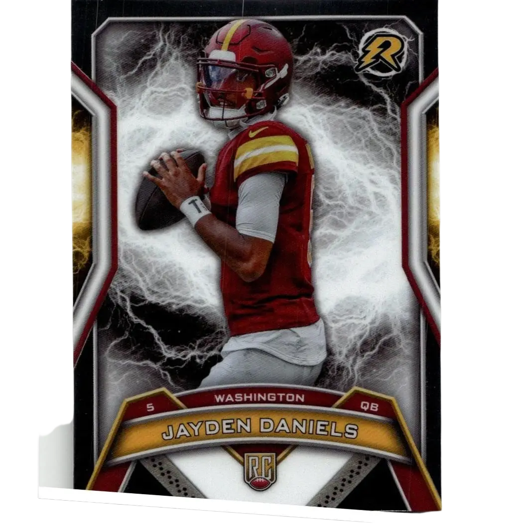 Red and gold topps resurgence football card featuring jayden daniels in action holding the ball dynamic pose