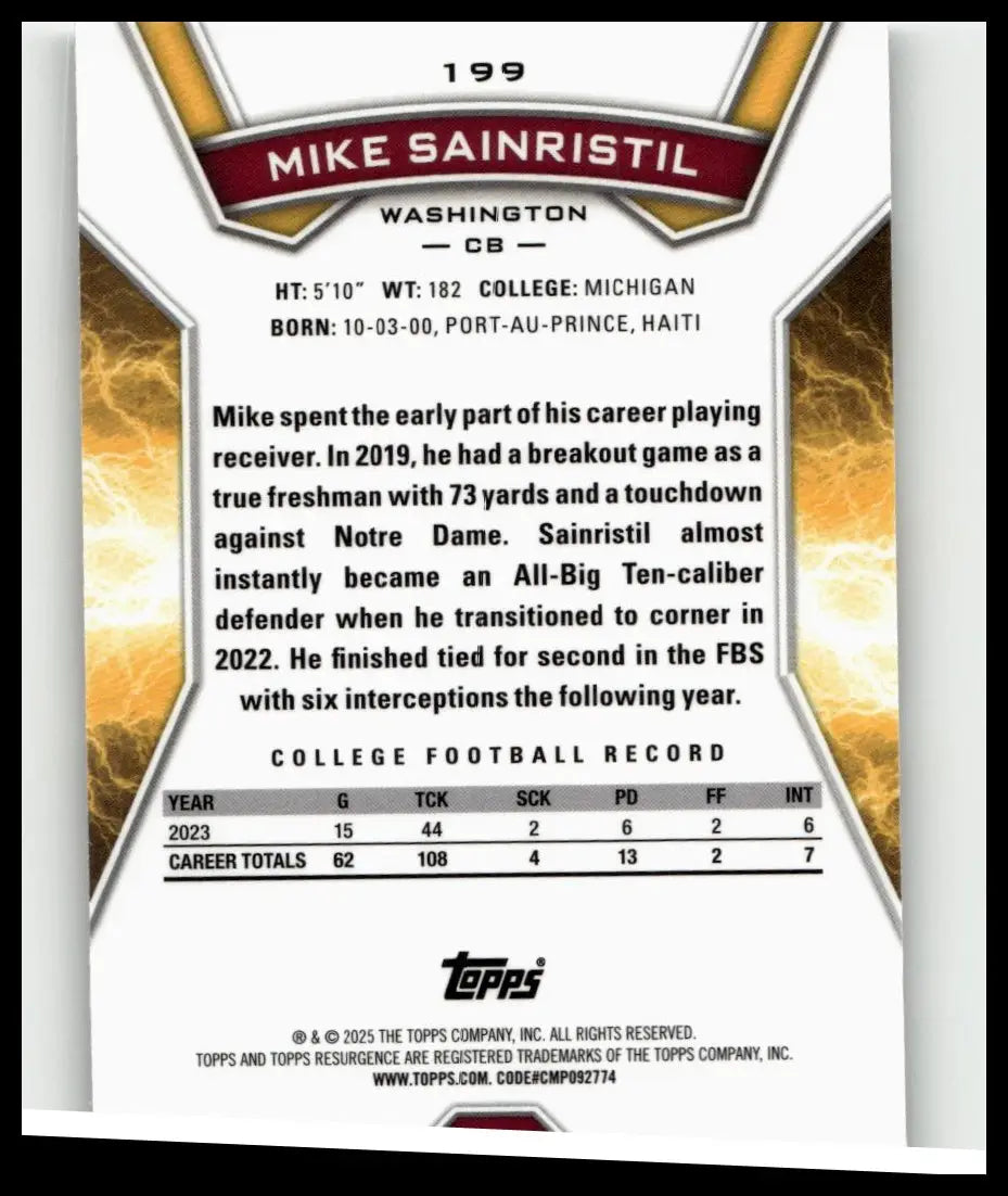 2024 topps resurgence football trading card #199 featuring mike sainristil with stats and gold lightning bolt accents