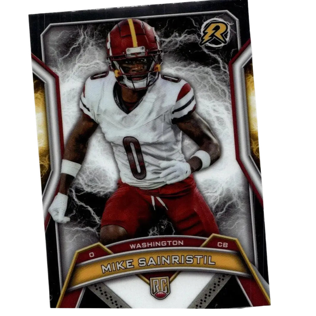 A glossy 2024 Topps Resurgence trading card of Mike Sainristil in a white and red Washington CB uniform #0 with lightning background