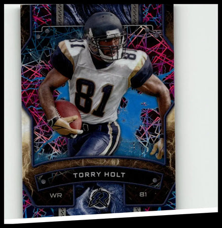 A vibrant holographic topps resurgence football trading card featuring torry holt in a white and navy jersey number 81