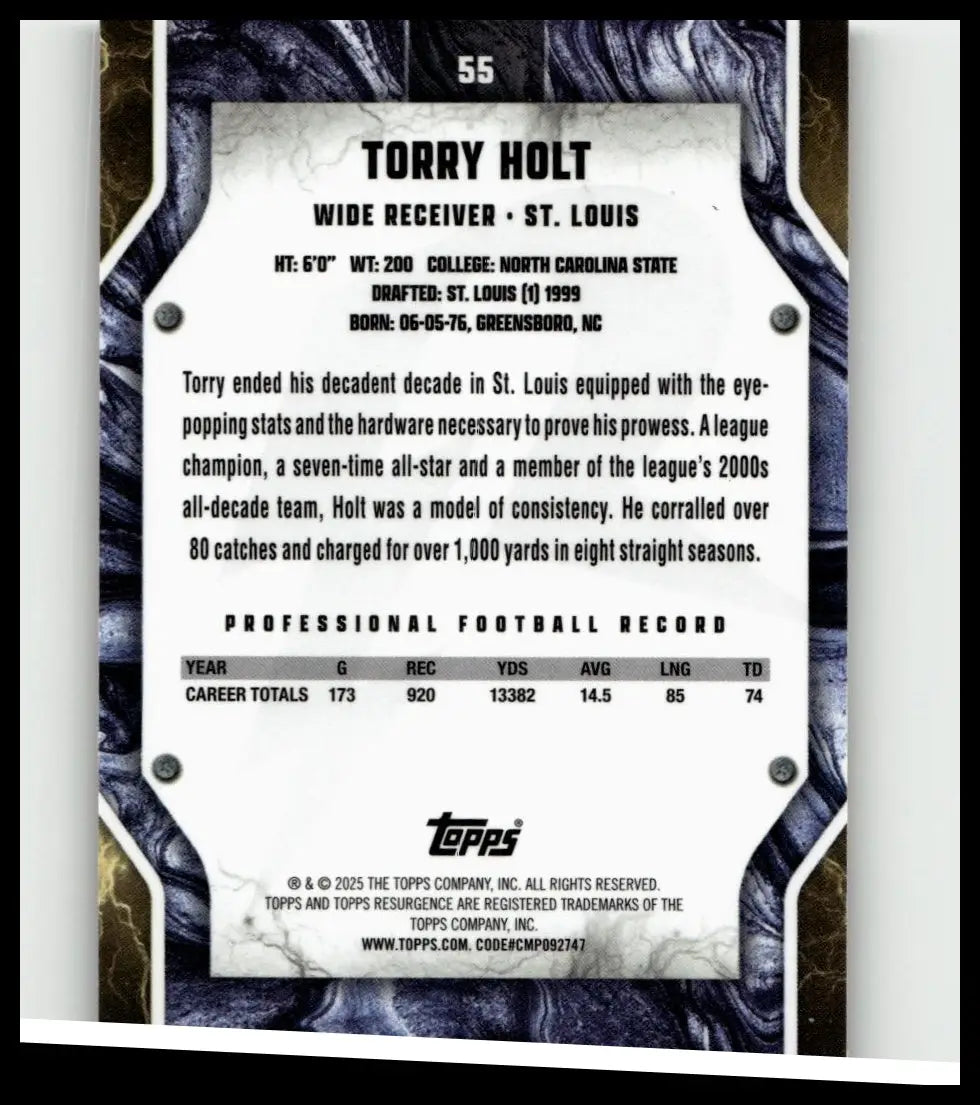 This is the back side of a white and black topps resurgence trading card featuring torry holt with detailed career stats