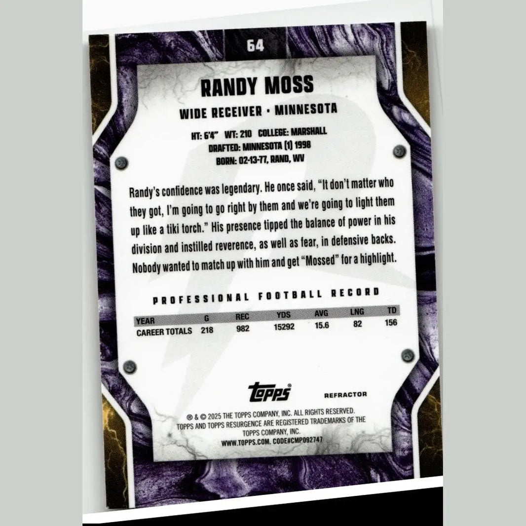Black and purple marbled design with silver metallic accents featuring 2024 topps resurgence randy moss refractor card
