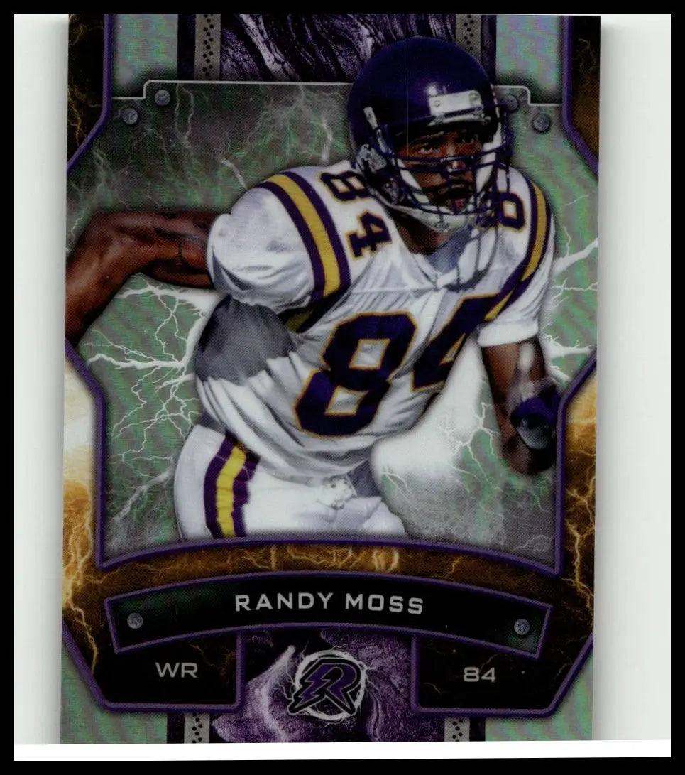 Purple and white topps resurgence 2024 #64 randy moss refractor football trading card featuring minnesota vikings uniform
