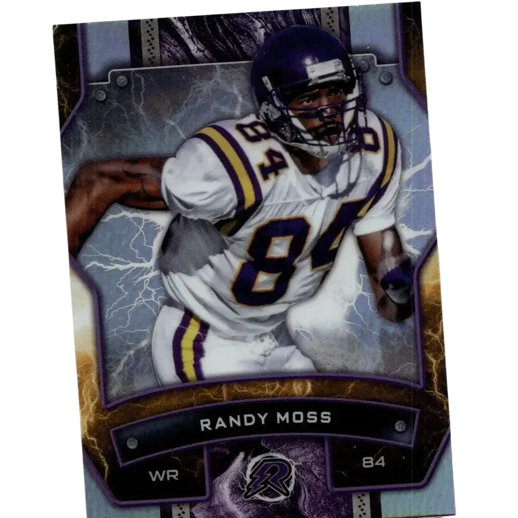 Purple and white minnesota vikings football trading card featuring randy moss in jersey 84 from 2024 topps resurgence refractor