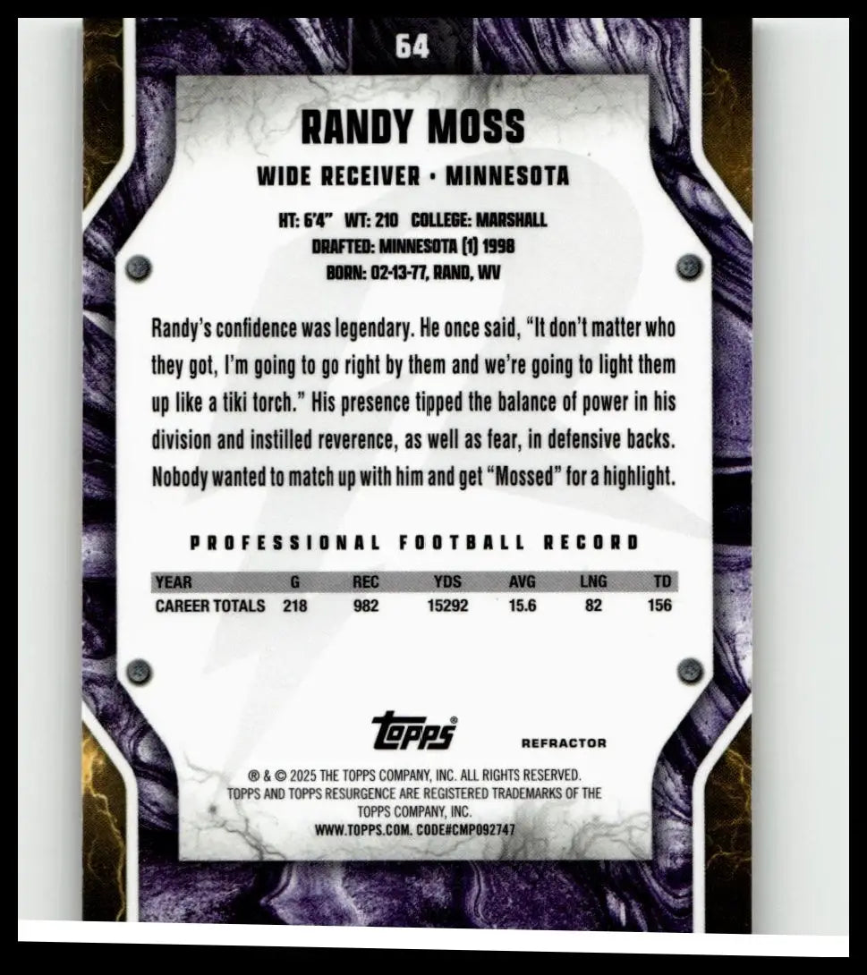 White and purple topps resurgence 2024 randy moss refractor football card showing stats and biography on back