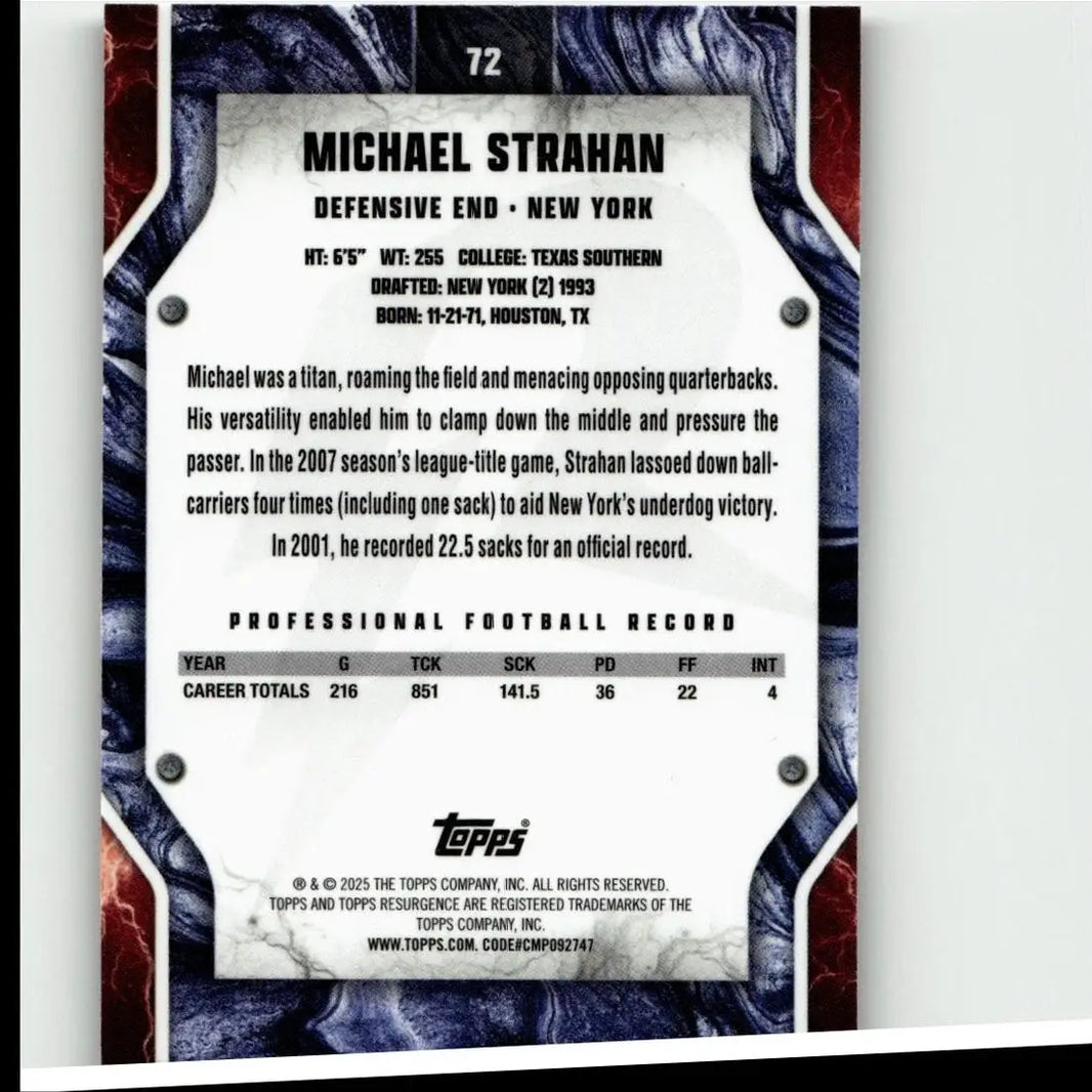 This black and white michael strahan baseball trading card from topps resurgence features marbled blue and red border accents