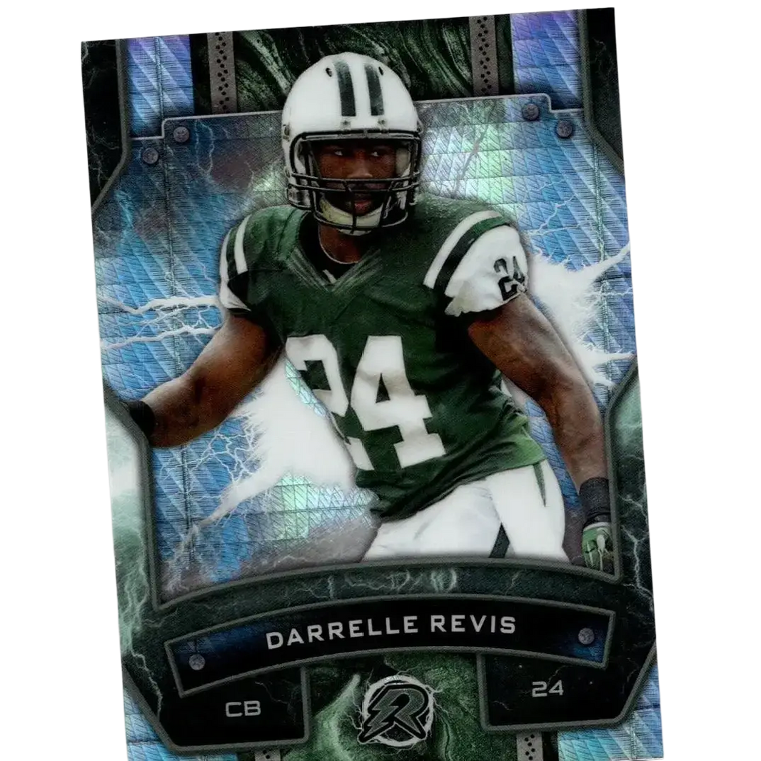 A glossy metallic 2024 Topps Resurgence trading card featuring Darrelle Revis in a green and white Jets jersey number 24