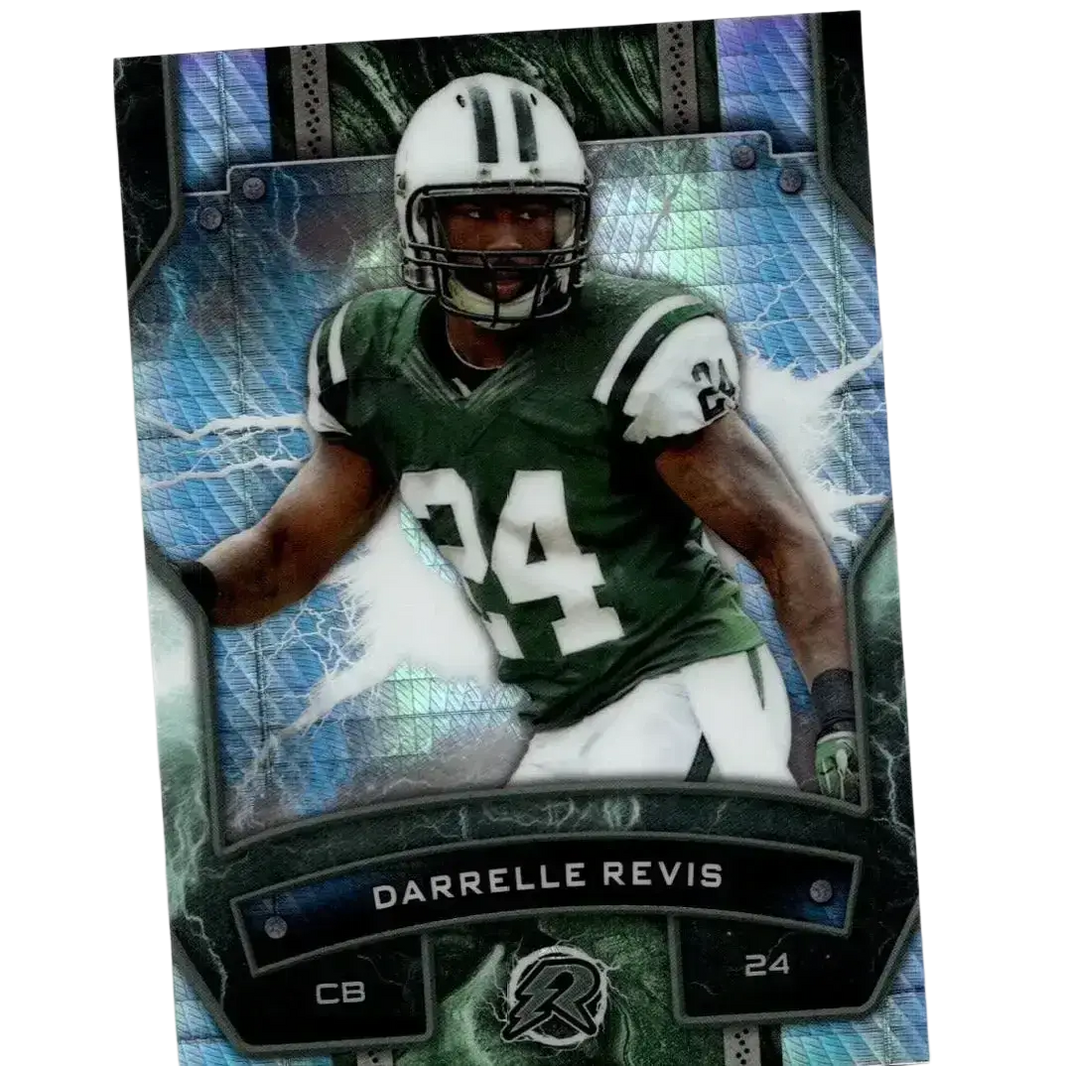 A glossy metallic 2024 Topps Resurgence trading card featuring Darrelle Revis in a green and white Jets jersey number 24