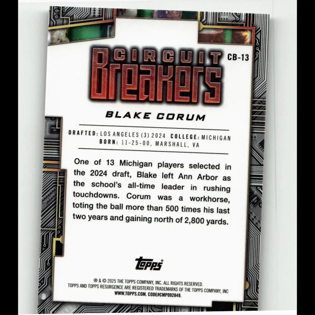 White baseball trading card with black and red circuit board design featuring blake corum from topps resurgence circuit breakers