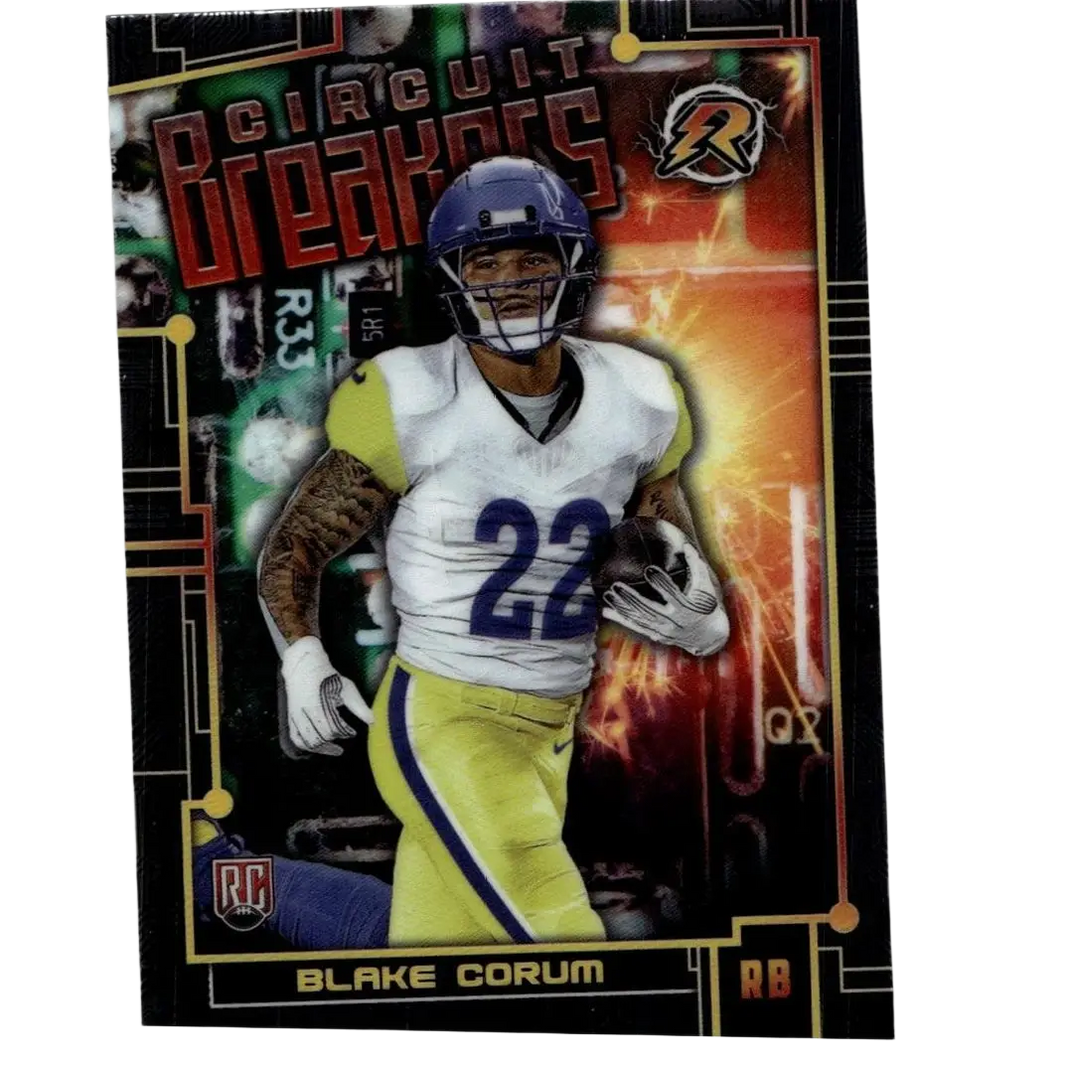 A vibrant circuit breakers football trading card of Blake Corum in white and yellow uniform from 2024 Topps Resurgence