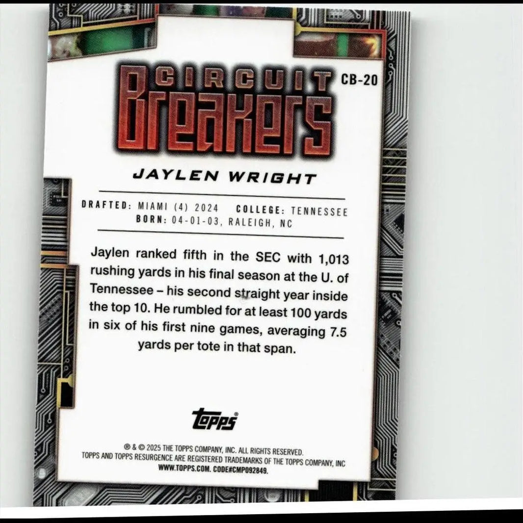 Circuit breakers cb-20 trading card featuring jaylen wright with circuit board border from 2024 topps resurgence