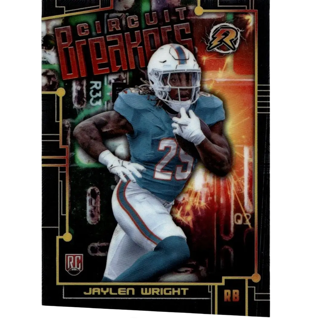 A vibrant 2024 Topps Resurgence circuit breakers football card of Jaylen Wright in teal Miami Dolphins uniform number 23