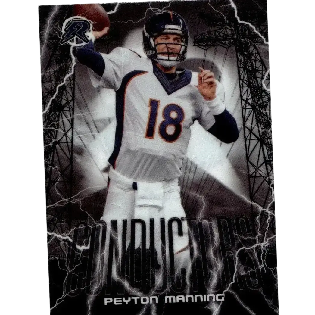 A black and white topps resurgence football card featuring peyton manning in denver broncos uniform number 18