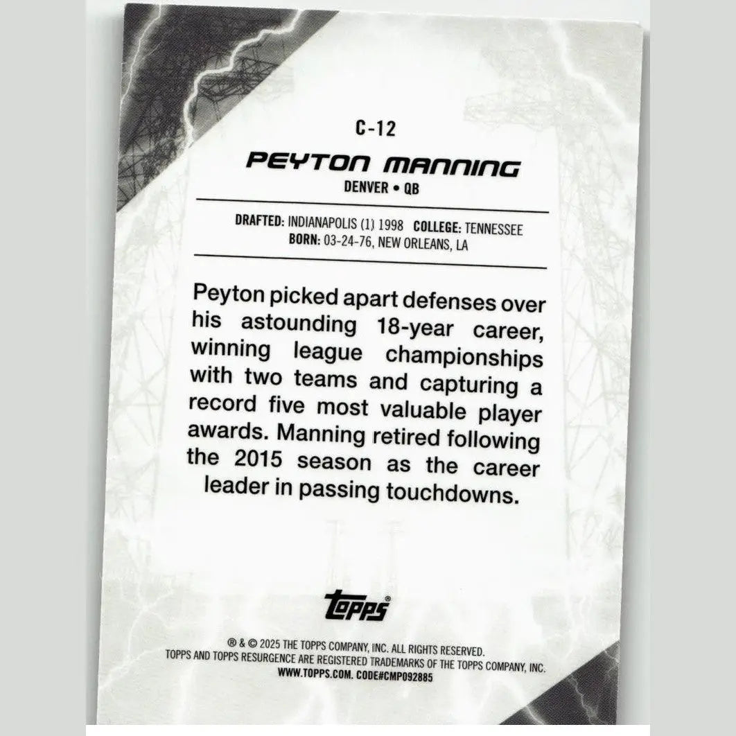 White and black topps resurgence sports trading card featuring peyton manning quarterback for the denver broncos