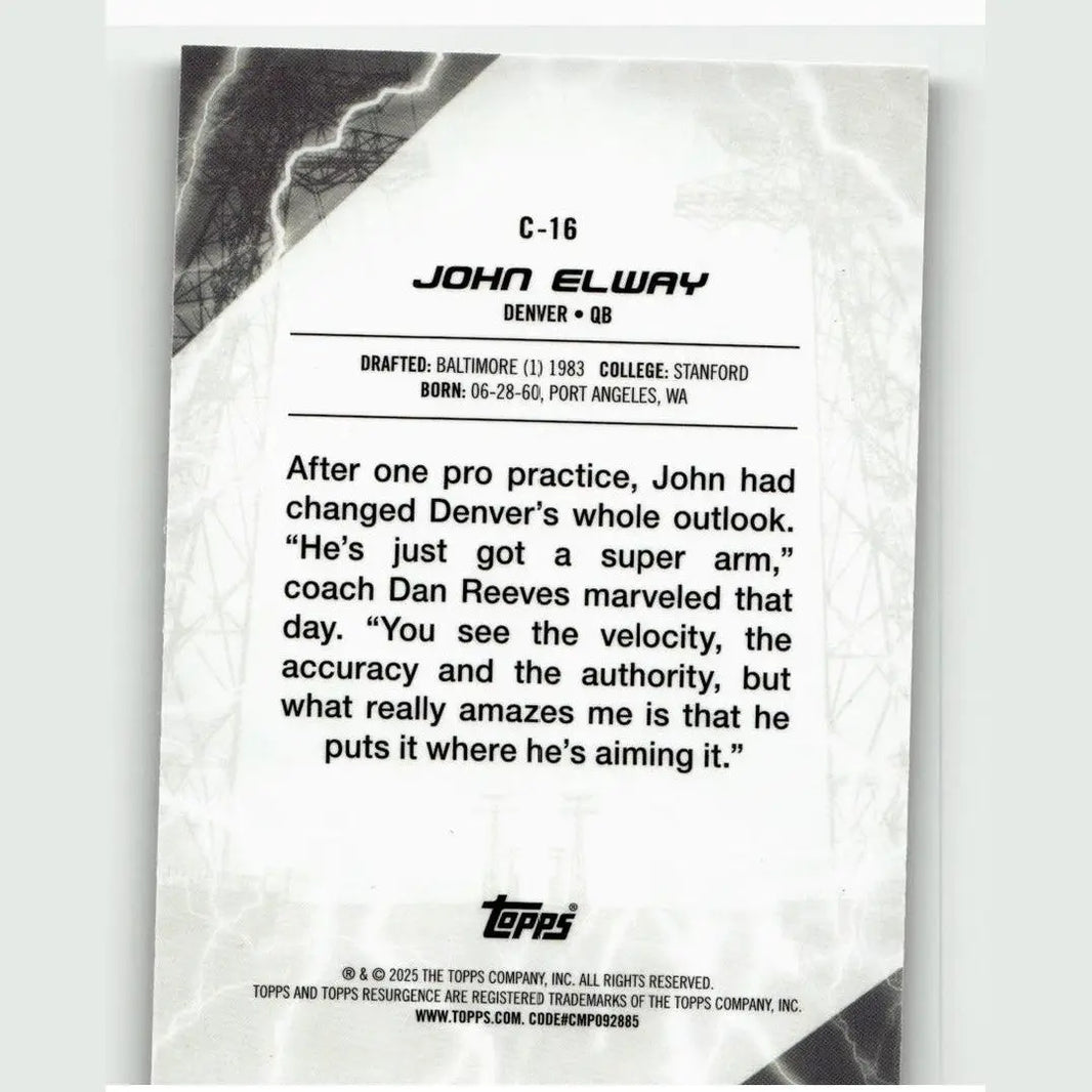 White and black topps resurgence baseball card featuring john elway with a lightning bolt border design