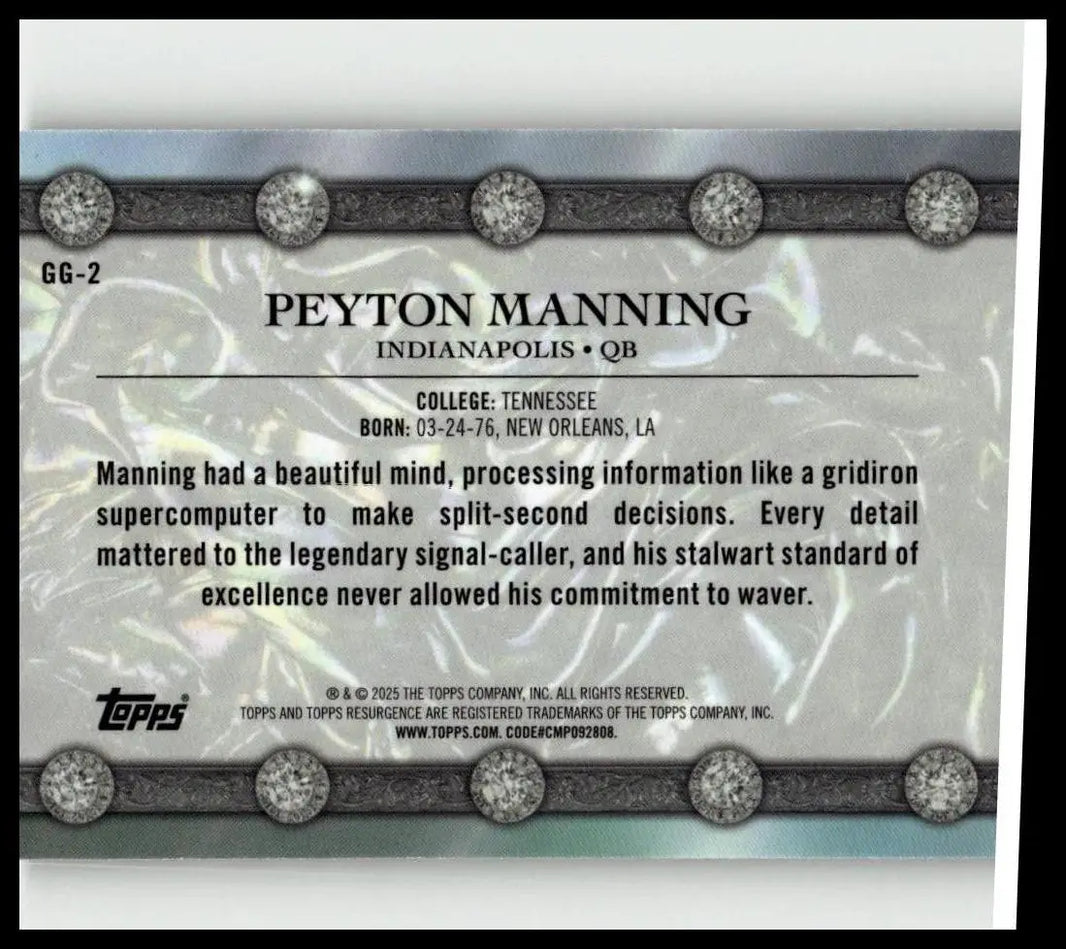 Silver and black topps resurgence trading card featuring peyton manning with glimmer gemstone ornate borders
