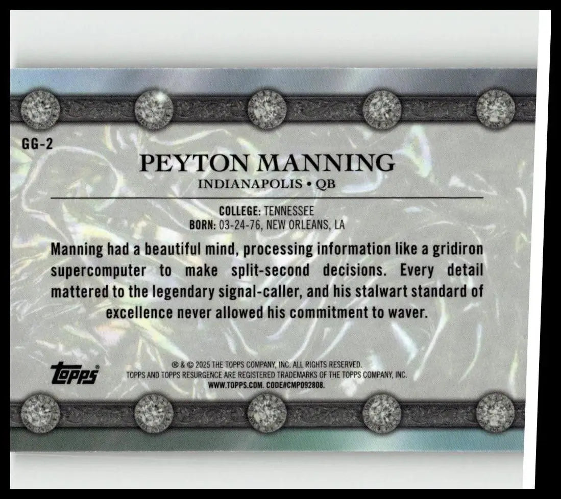 Silver and black topps resurgence trading card featuring peyton manning with glimmer gemstone ornate borders