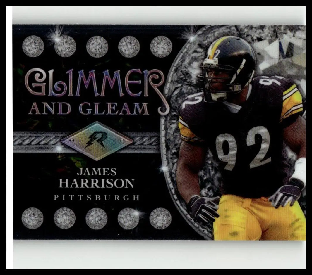 2024 Topps Resurgence james harrison glimmer and gleam refractor card featuring black helmet yellow stripes and silver 92 jersey