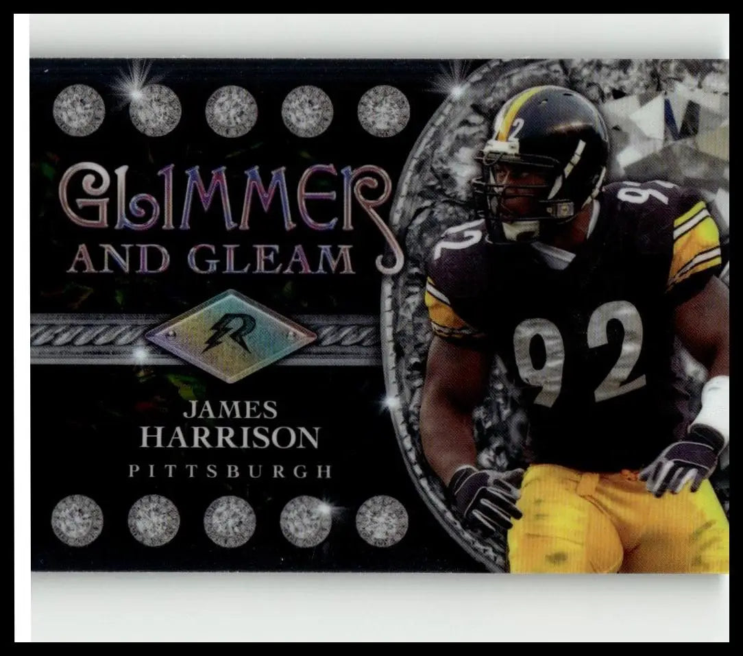 2024 Topps Resurgence james harrison glimmer and gleam refractor card featuring black helmet yellow stripes and silver 92 jersey