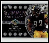 2024 Topps Resurgence james harrison glimmer and gleam refractor card featuring black helmet yellow stripes and silver 92 jersey