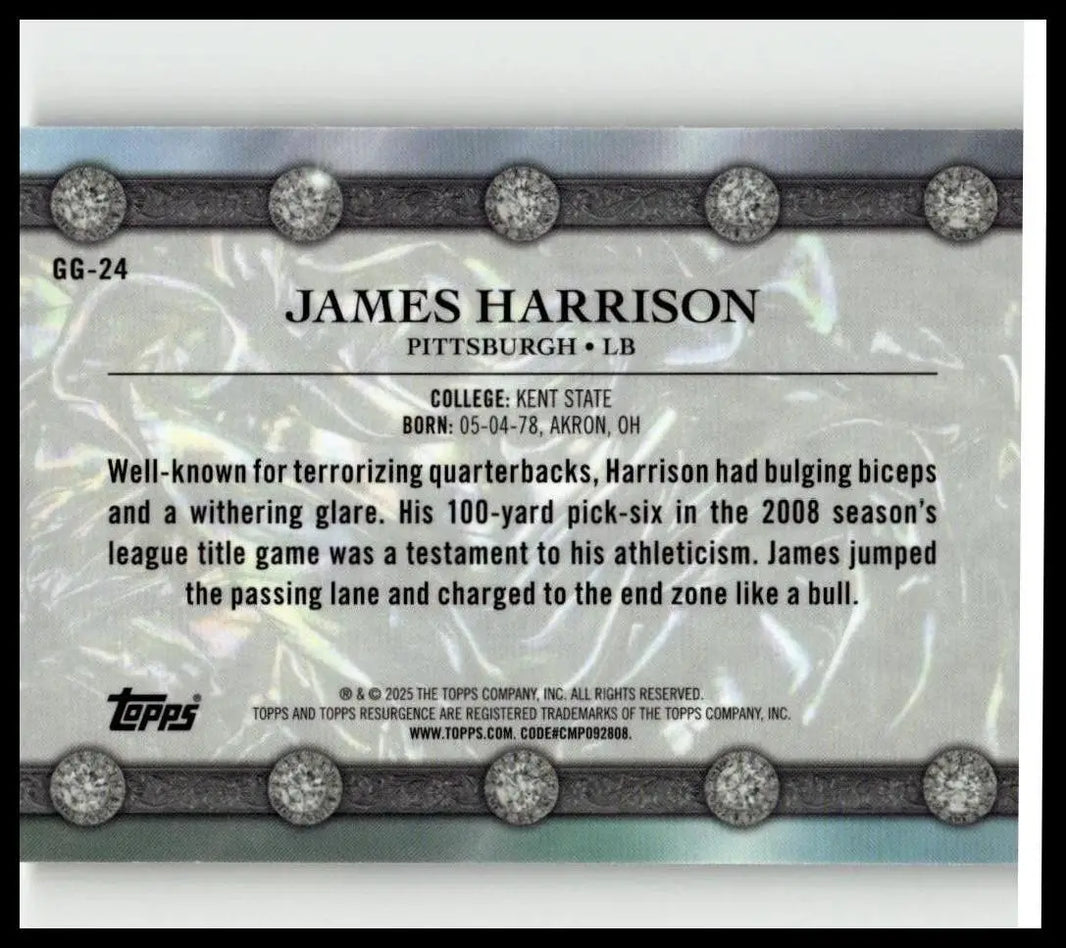 Silver and black 2024 Topps Resurgence james harrison glimmer and gleam refractor trading card with pittsburgh lb design