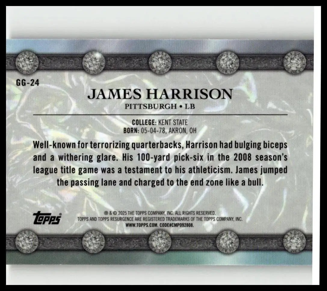 Silver and black 2024 Topps Resurgence james harrison glimmer and gleam refractor trading card with pittsburgh lb design