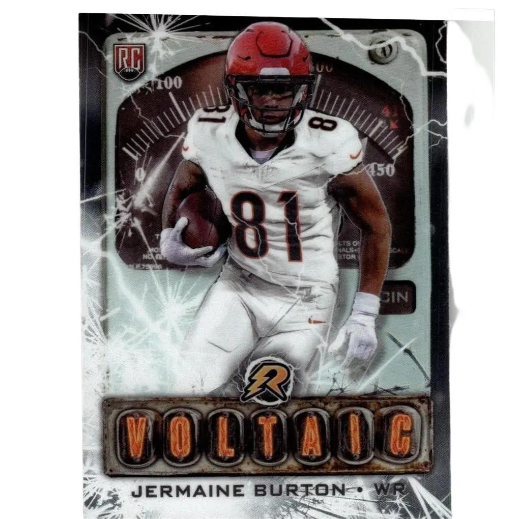 Red helmeted jermaine burton football trading card with white jersey number 81 from topps resurgence voltaic series