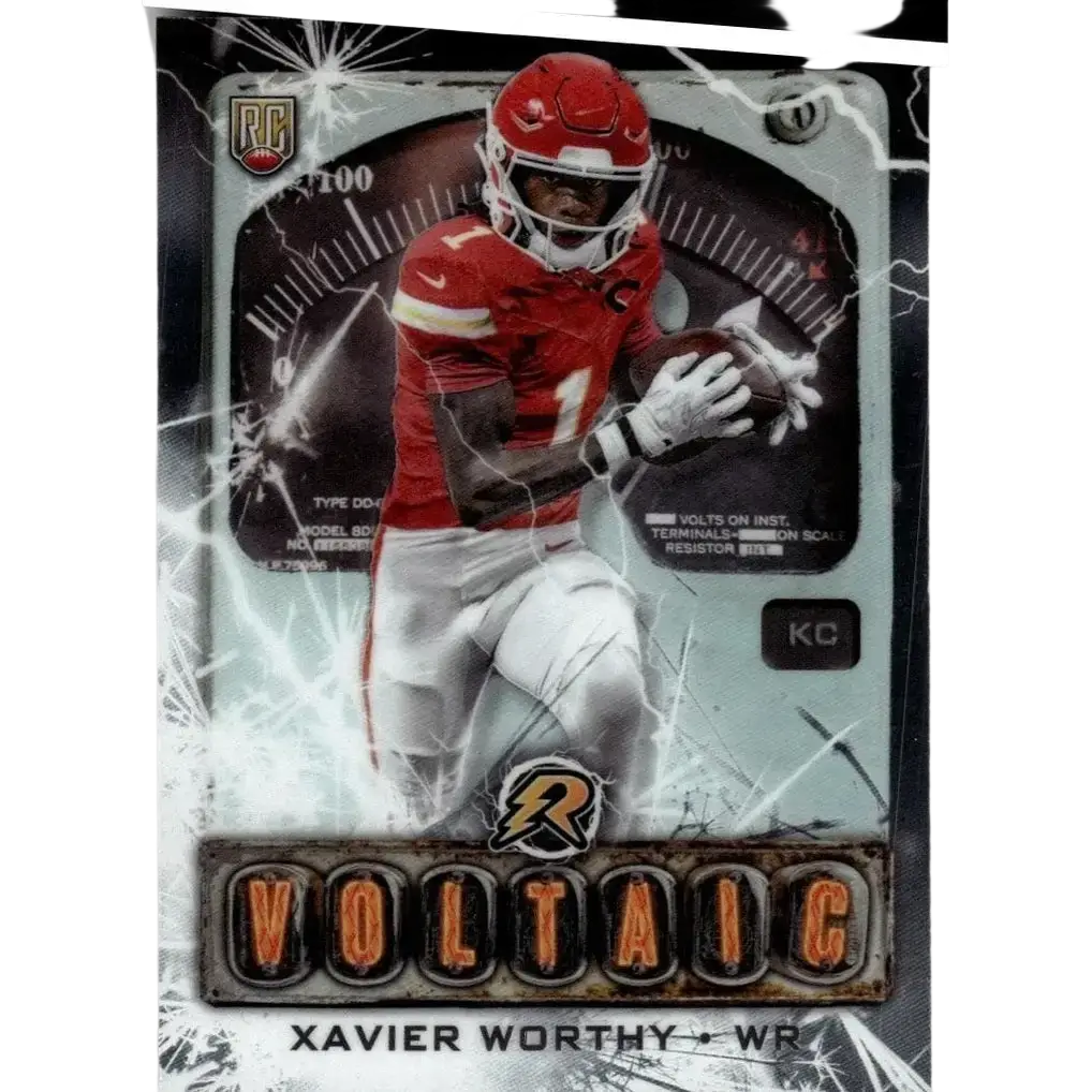 Red and white topps resurgence action figure of kansas city chiefs player xavier worthy in dynamic pose holding football