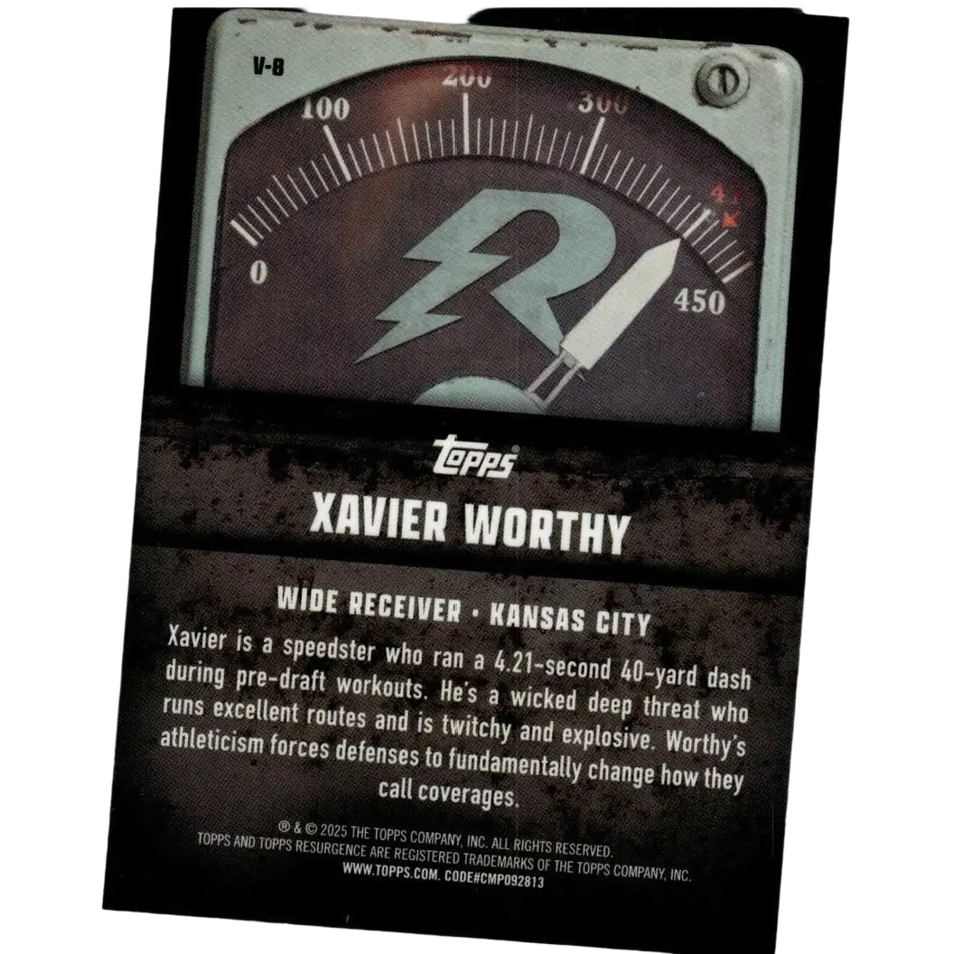 Vintage-style analog gauge with silver frame and lightning bolt logo on dark brown face from topps resurgence xavier worthy action figure