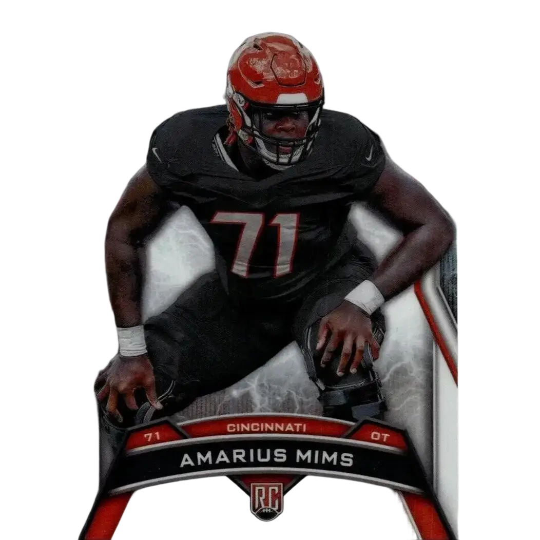 Red and black topps resurgence white surge football trading card featuring amarius mims in cincinnati jersey number 71
