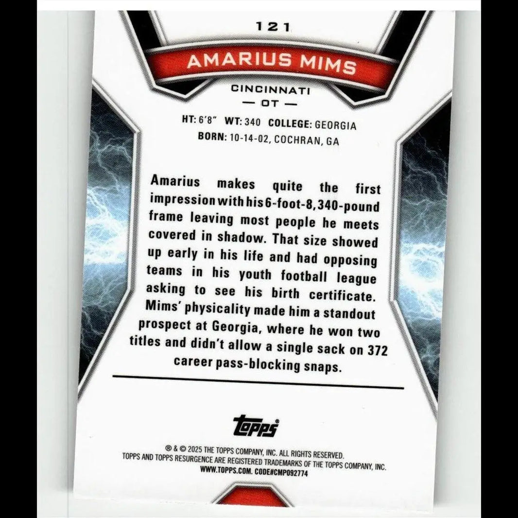 This is the back side of a white and red topps resurgence white surge sports trading card featuring amarius mims stats