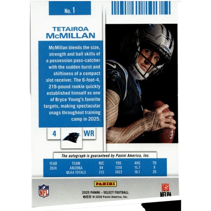 Silver and black helmet with faceguard worn by tetairoa mcmillan in 2025-2026 select contenders rookie ticket autographed
