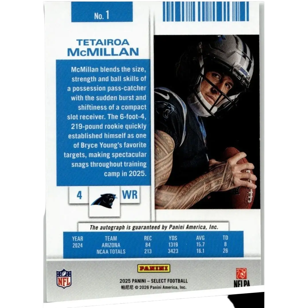 Silver and black football helmet with face mask autographed tetairoa mcmillan select contenders rookie ticket product