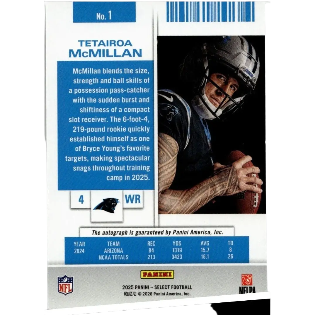 2025 select contenders rookie football card autographed tetairoa mcmillan in carolina panthers uniform holding ball