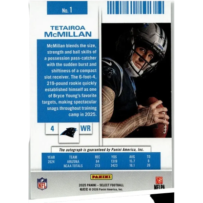 Silver and black football helmet with face mask in 2025-2026 select contenders rookie ticket autographed tetairoa mcmillan edition