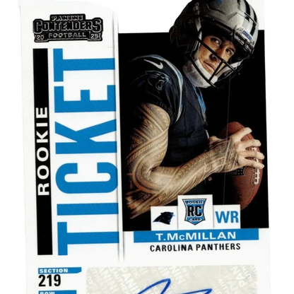 This panini select contenders rookie football card features an autographed Tetairoa Mcmillan rookie ticket