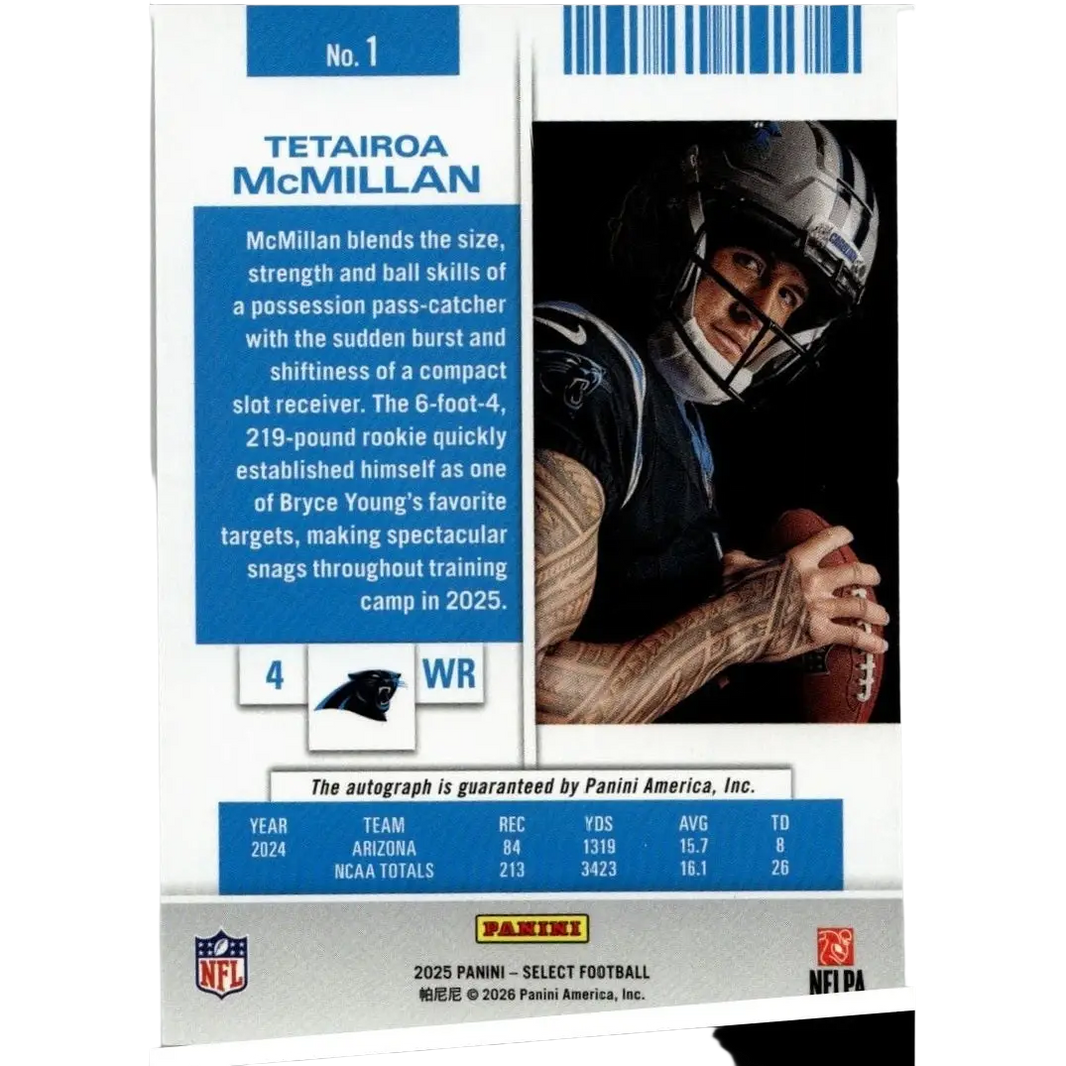 Silver and black helmet with faceguard worn by tetairoa mcmillan in 2025-2026 select contenders rookie ticket autographed