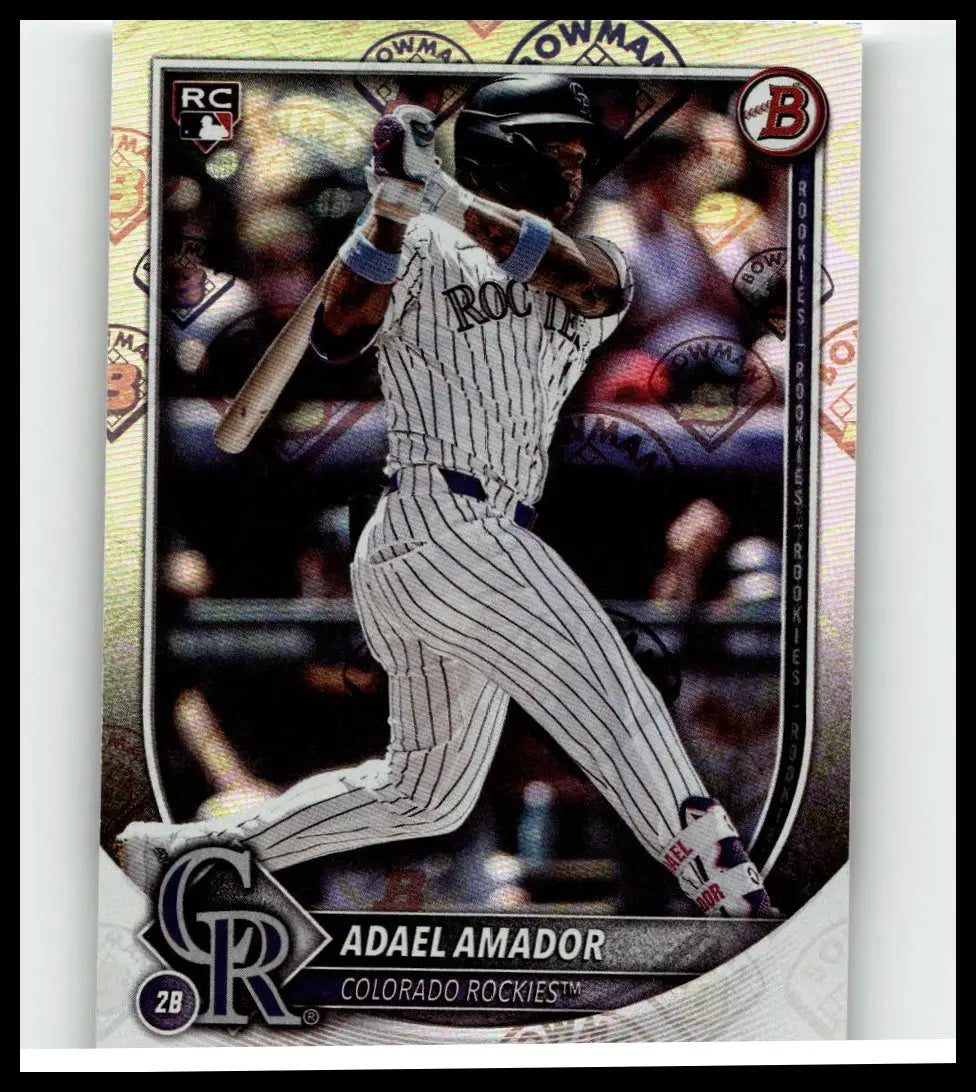 Silver and black 2025 bowman #31 adael amador baseball trading card featuring colorado rockies pinstripe uniform for toys and games