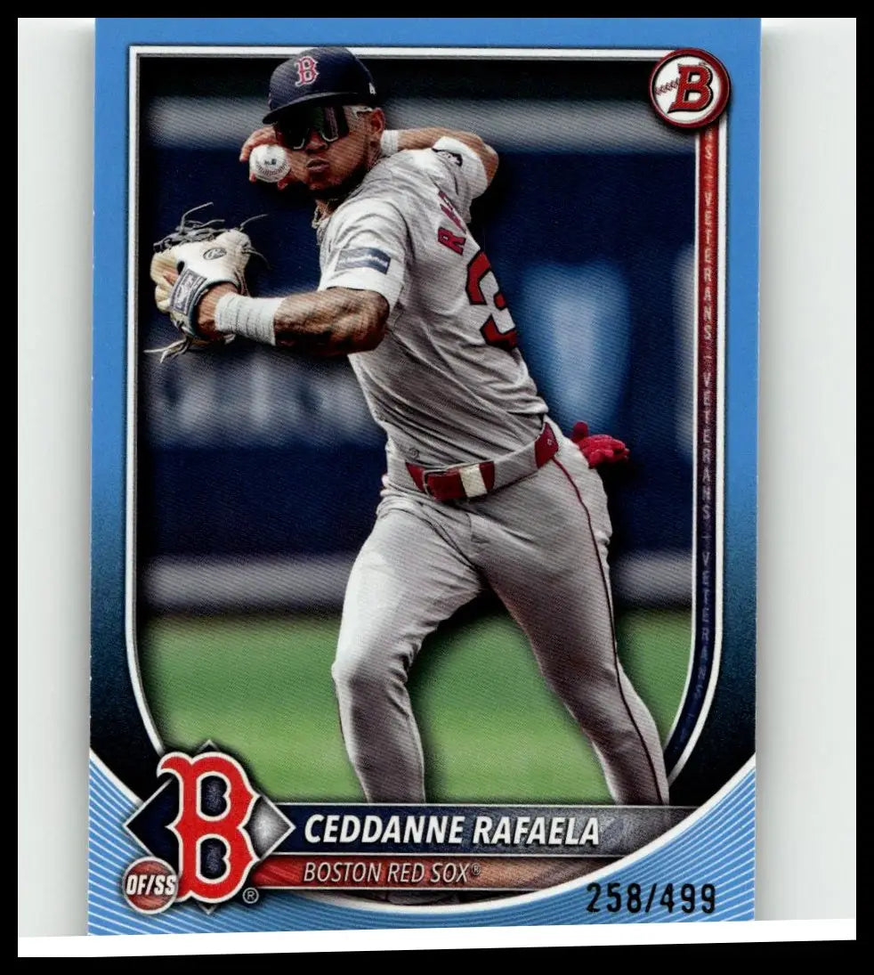 Blue-bordered 2025 Bowman baseball card of ceddanne rafaela sky blue numbered 53 of 499 in Red Sox uniform