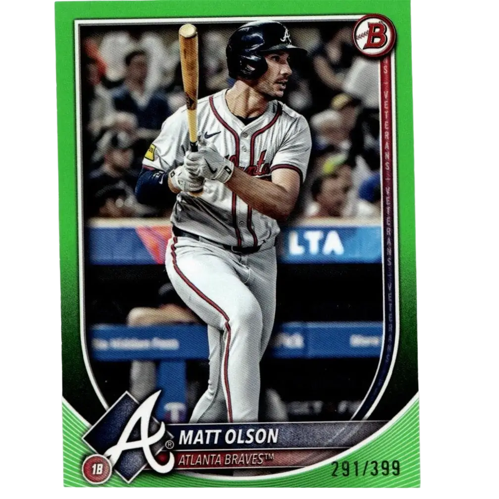 Green-bordered 2025 bowman baseball trading card of matt olson neon green holding a wooden bat in atlanta braves uniform
