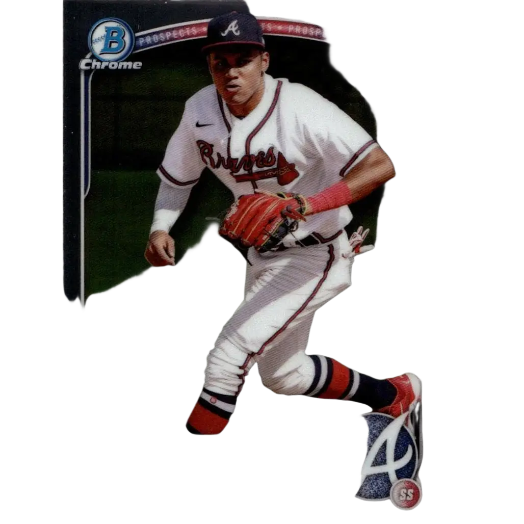 Atlanta braves baseball card featuring jose perdomo chrome in white uniform with red and navy accents 2025 bowman chrome prospects