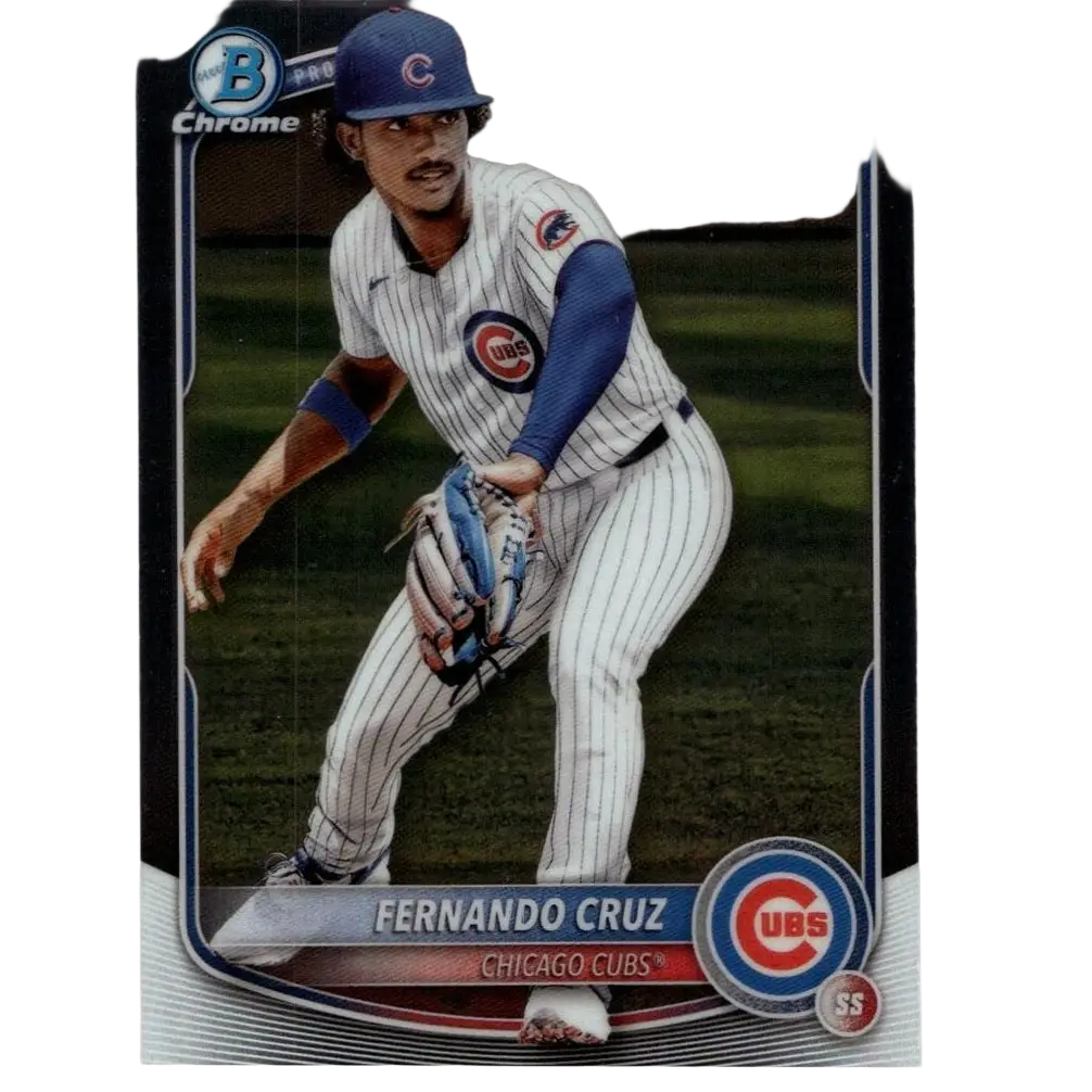 Chicago cubs 2025 bowman fernando cruz chrome prospects baseball card featuring pinstripe uniform and blue cap