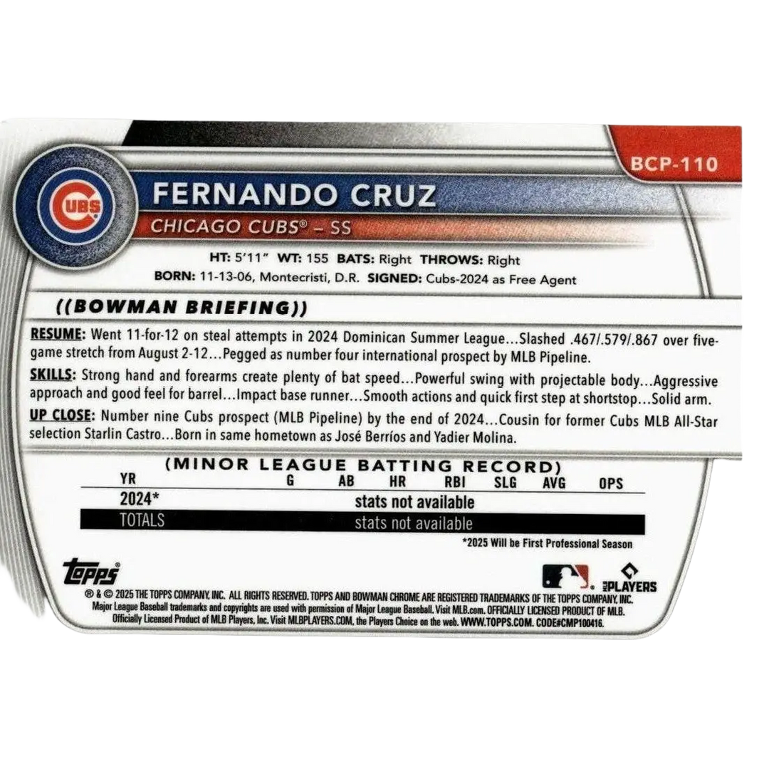 2025 bowman chicago cubs fernando cruz chrome prospects baseball trading card featuring ss cruz chrome prospects