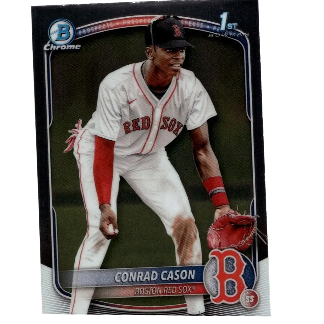 2025 bowman bcp-130 conrad cason chrome prospects baseball card featuring red sox uniform with red accents and cap