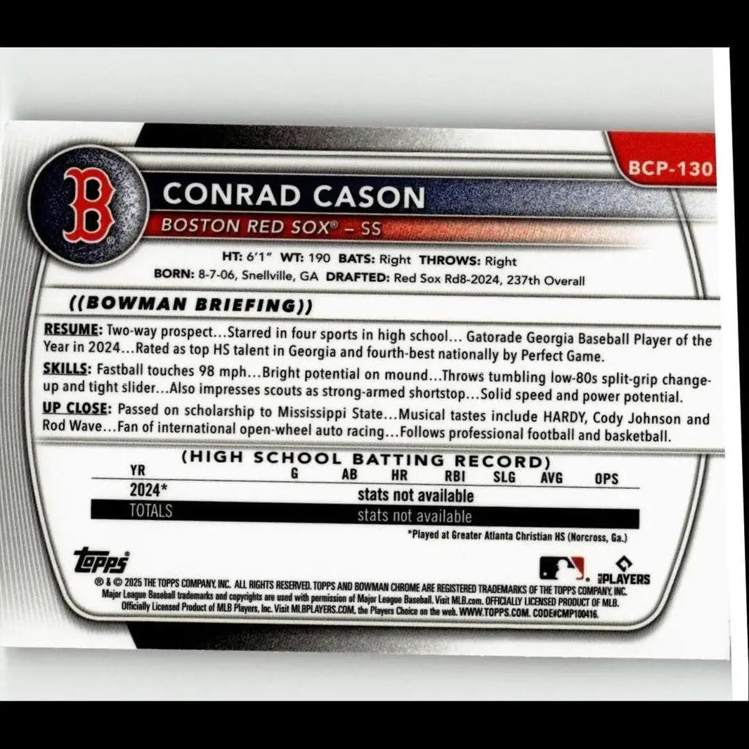 Boston red sox baseball card featuring conrad cason chrome with silver and red design in 2025 bowman chrome prospects
