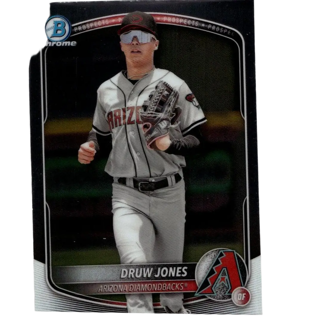 Arizona diamondbacks 2025 bowman druw jones chrome prospects baseball card featuring jones in gray uniform with black cap