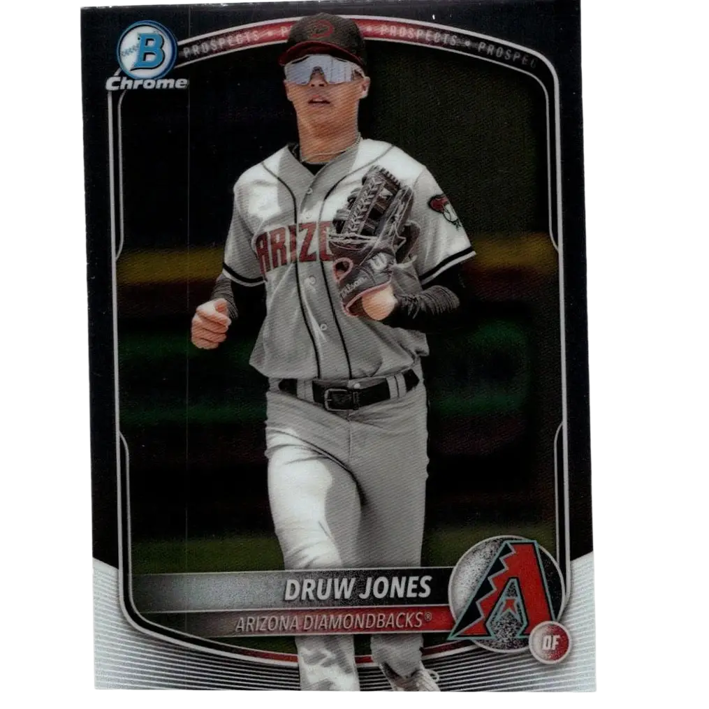 Arizona Diamondbacks baseball card druw jones chrome prospects 2025 Bowman gray uniform red lettering black trim glove