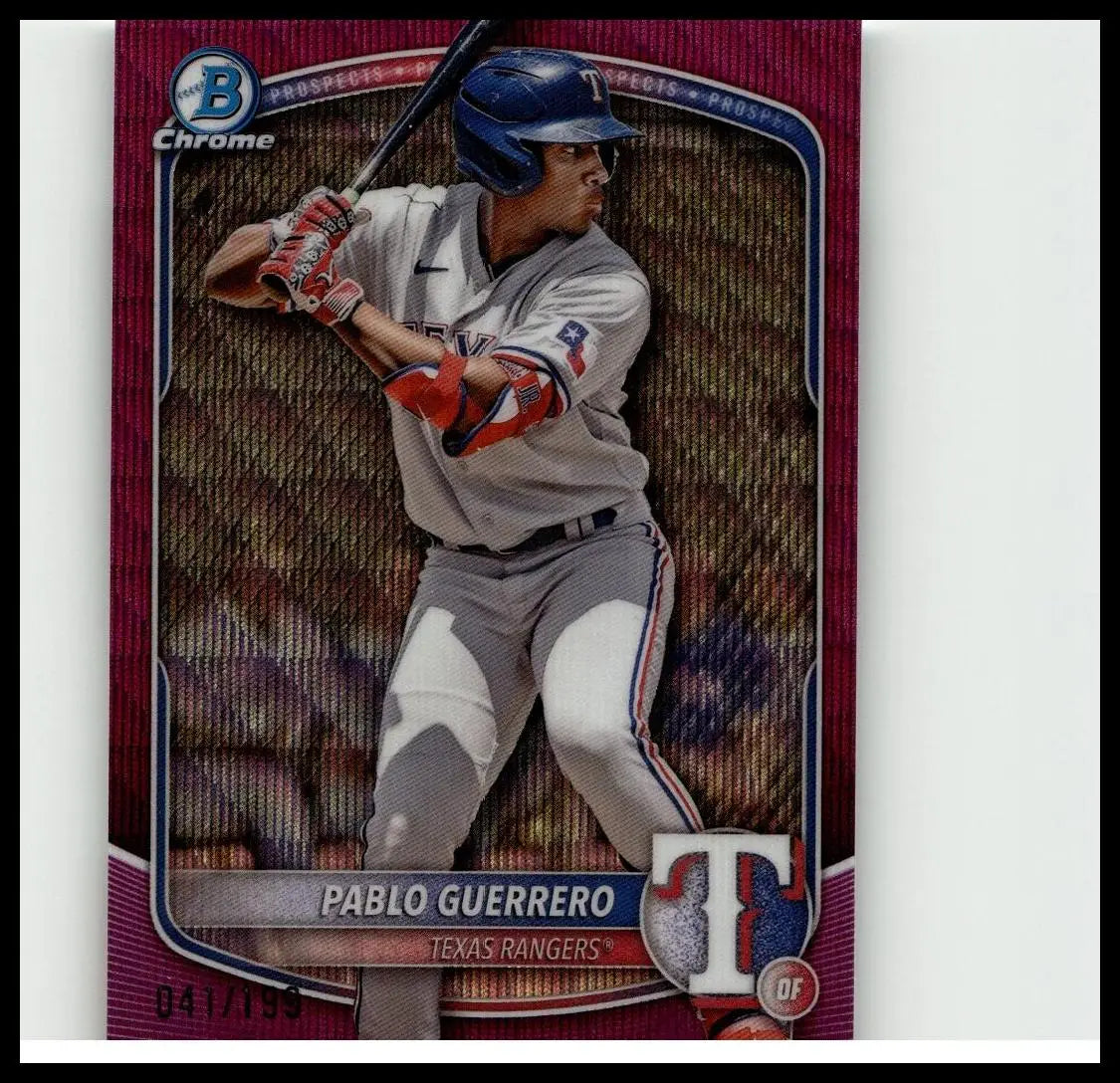 A vibrant red and silver 2025 bowman fuchsia wave refractor baseball card featuring pablo guerrero in texas rangers uniform