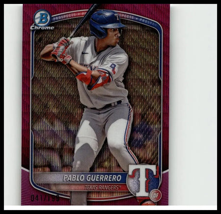 A vibrant red and silver 2025 bowman fuchsia wave refractor baseball card featuring pablo guerrero in texas rangers uniform