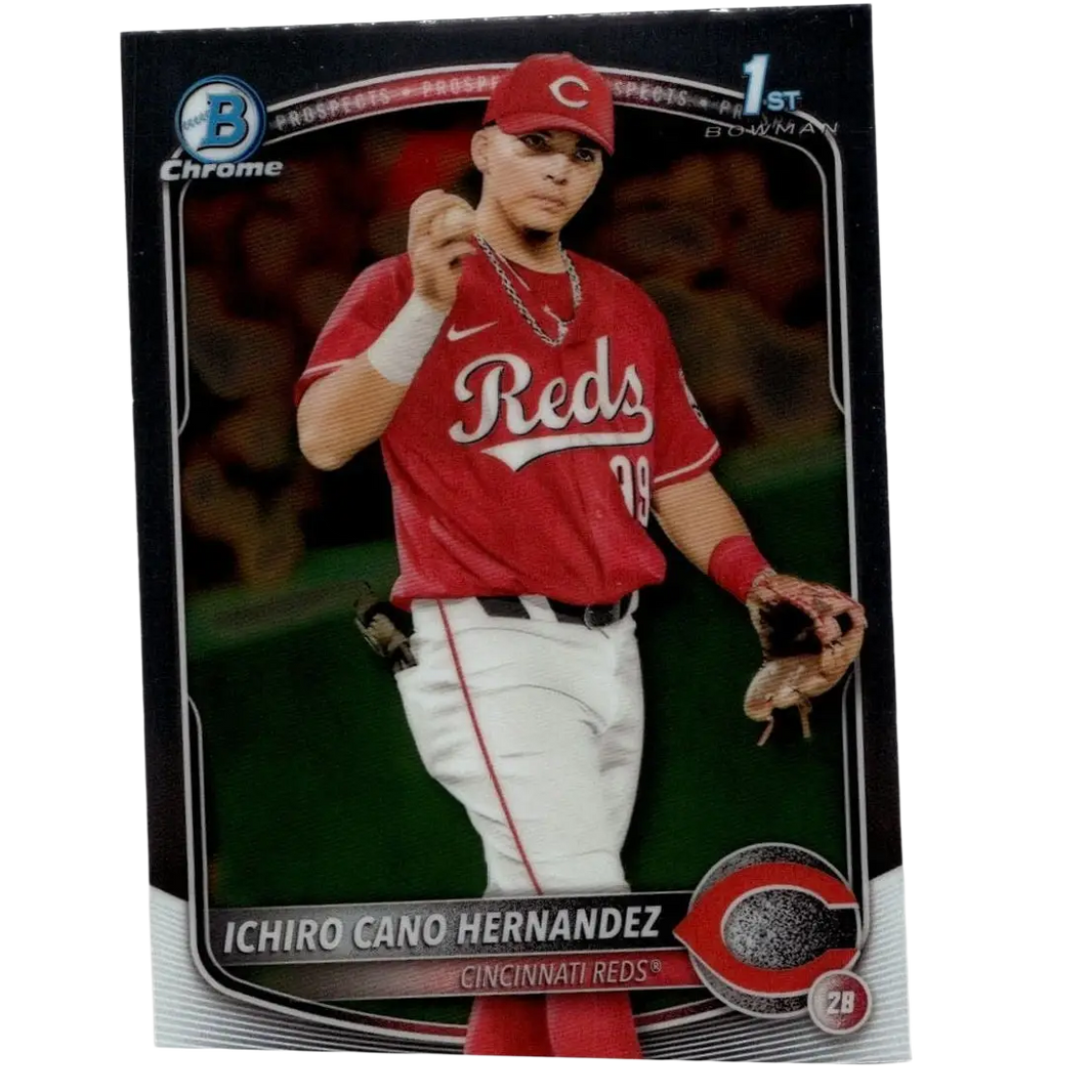Red and white 2025 bowman chrome prospects baseball card of ichiro cano hernandez in red jersey number 39